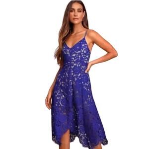 Lulus One Wish Royal Blue Lace Handkerchief Hem Dress